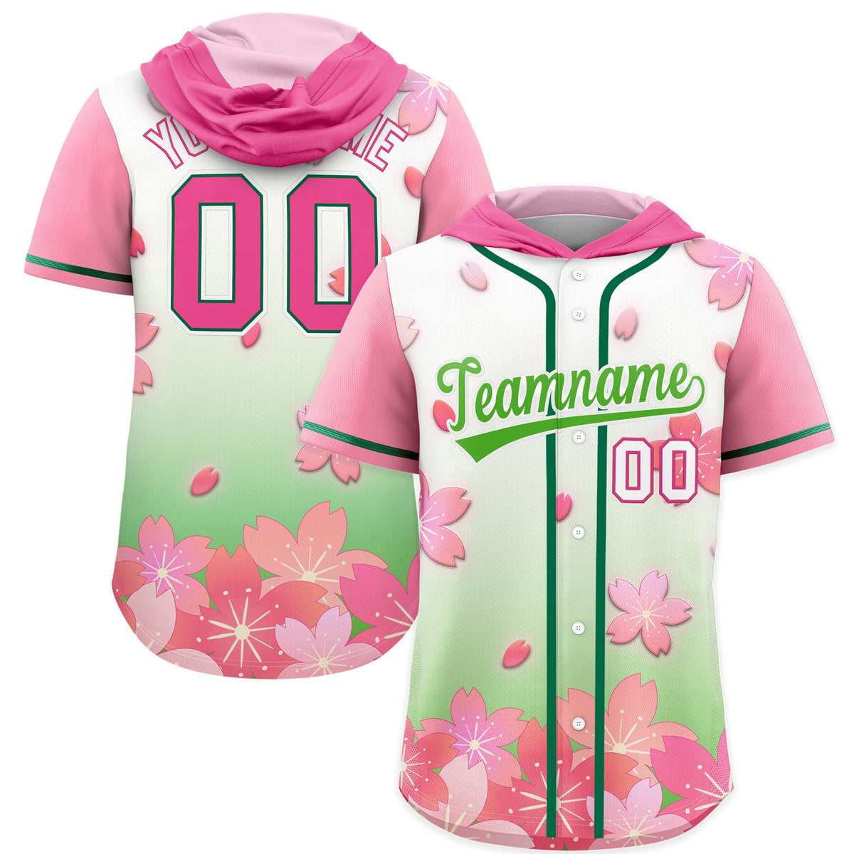 Custom Hooded Baseball Jersey | Pink Light Green Cherry Blossom Personalized Name &amp; Number Sport Jersey