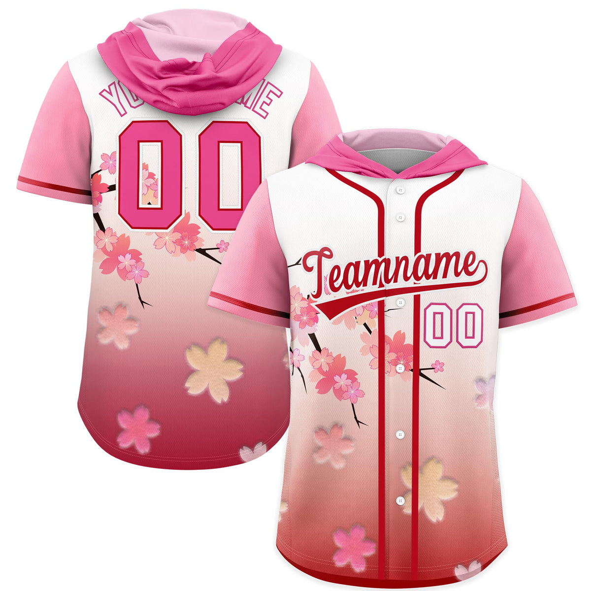 Custom Hooded Baseball Jersey | Pink Red Cherry Blossom Moisture-Wicking Jersey for Men &amp; Women