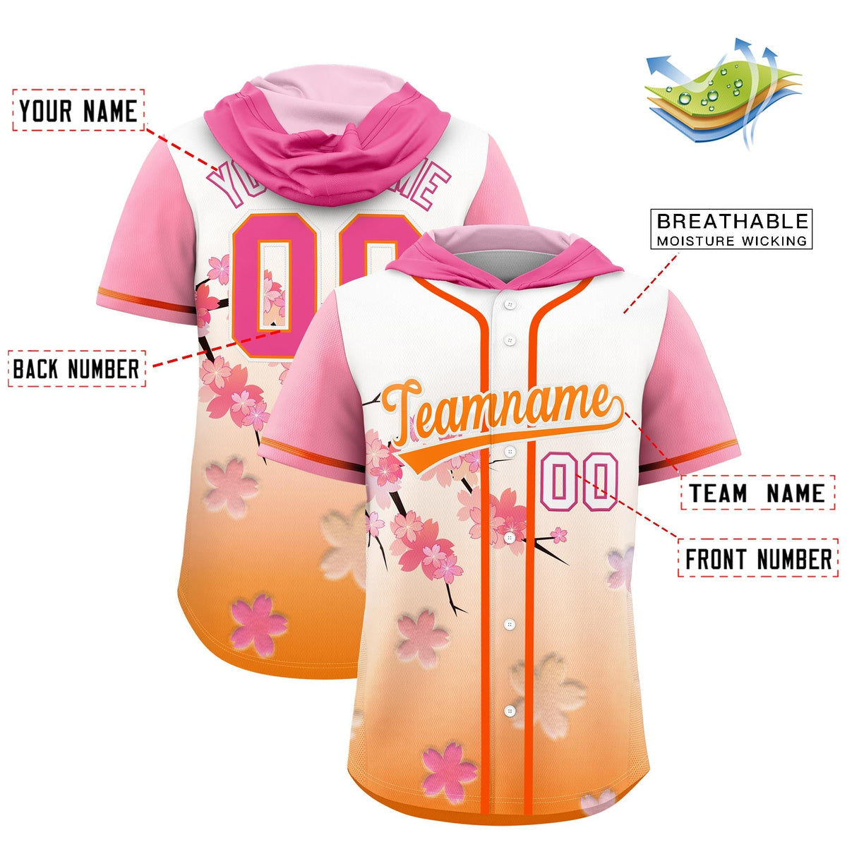 Custom Hooded Baseball Jersey | Pink Orange Cherry Blossom Personalized Name &amp; Number Sport Jersey