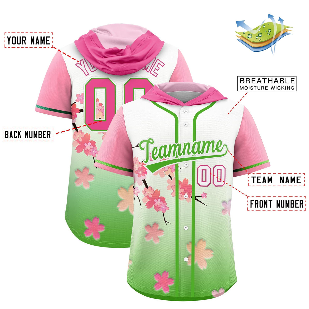 Custom Hooded Baseball Jersey | Pink Light Green Cherry Blossom Moisture-Wicking Jersey for Men &amp; Women