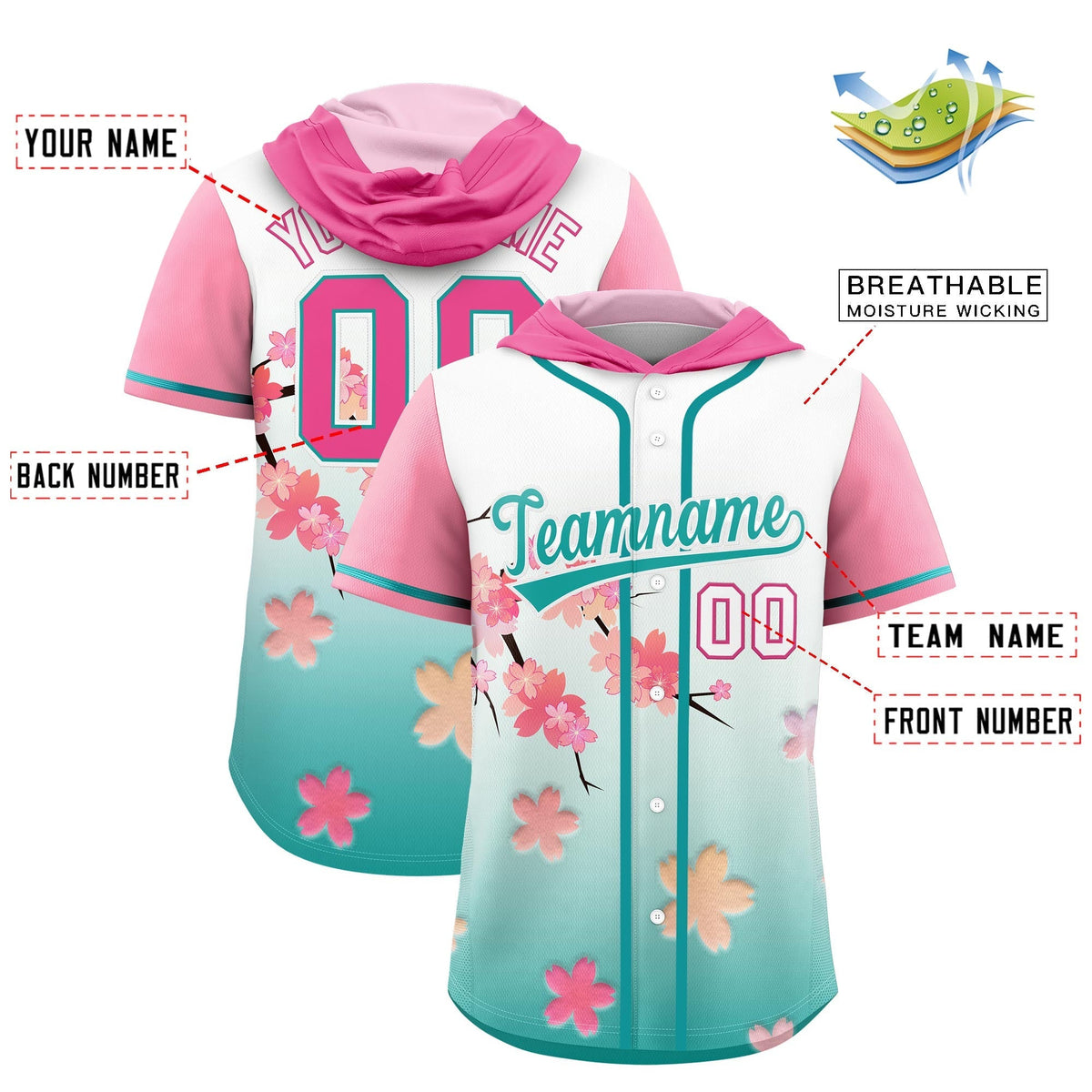 Custom Hooded Baseball Jersey | Pink Aqua Cherry Blossom Personalized Name &amp; Number Sport Jersey