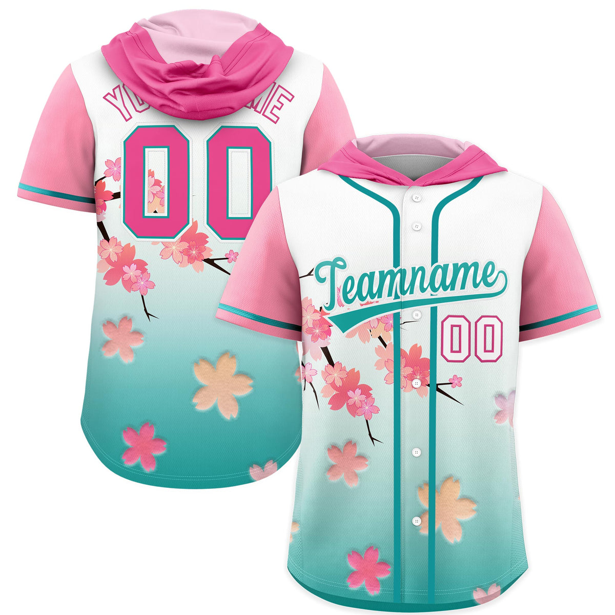 Custom Hooded Baseball Jersey | Pink Aqua Cherry Blossom Personalized Name &amp; Number Sport Jersey