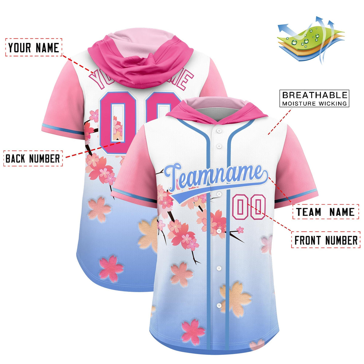 Custom Hooded Baseball Jersey | Pink Light Blue Cherry Blossom Breathable Athleisure Streetwear
