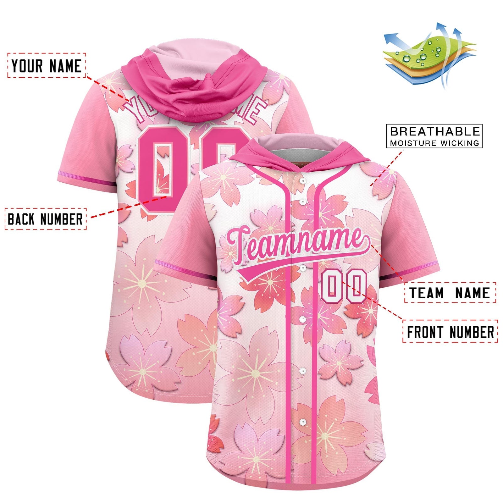 Custom Hooded Baseball Jersey | Pink Pink Cherry Blossom Personalized Name & Number Sport Jersey