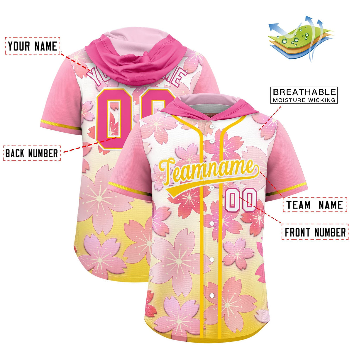 Custom Hooded Baseball Jersey | Pink Gold Cherry Blossom Personalized Name &amp; Number Sport Jersey