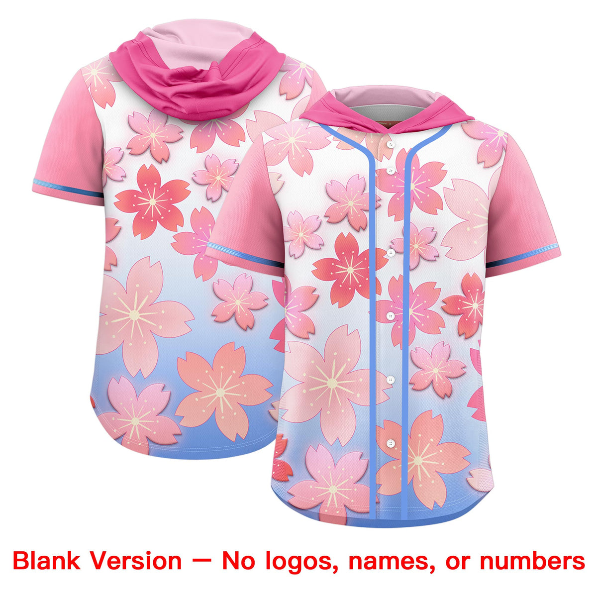 Custom Hooded Baseball Jersey | Pink Light Blue Cherry Blossom Personalized Name &amp; Number Sport Jersey