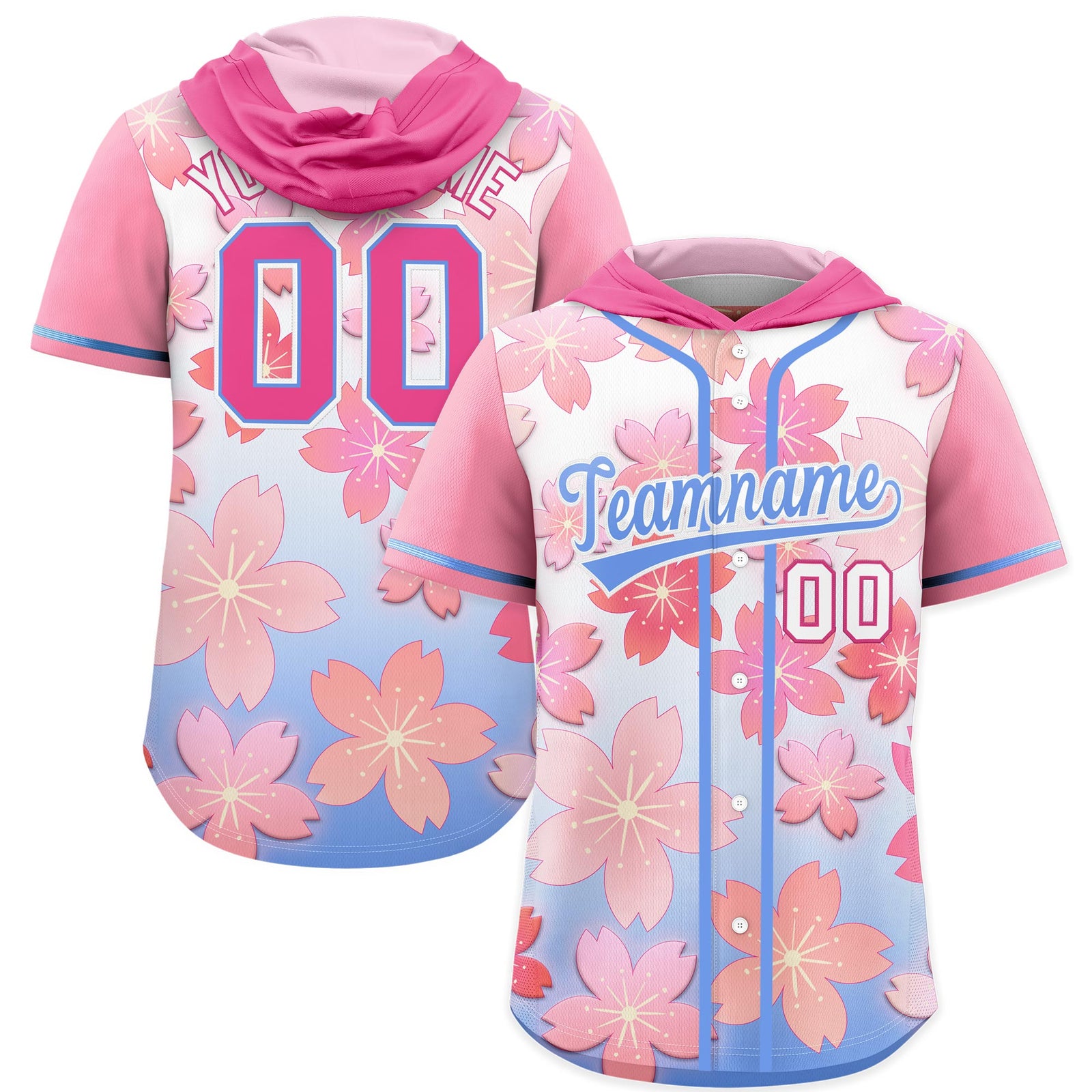 Custom Hooded Baseball Jersey | Pink Light Blue Cherry Blossom Personalized Name & Number Sport Jersey