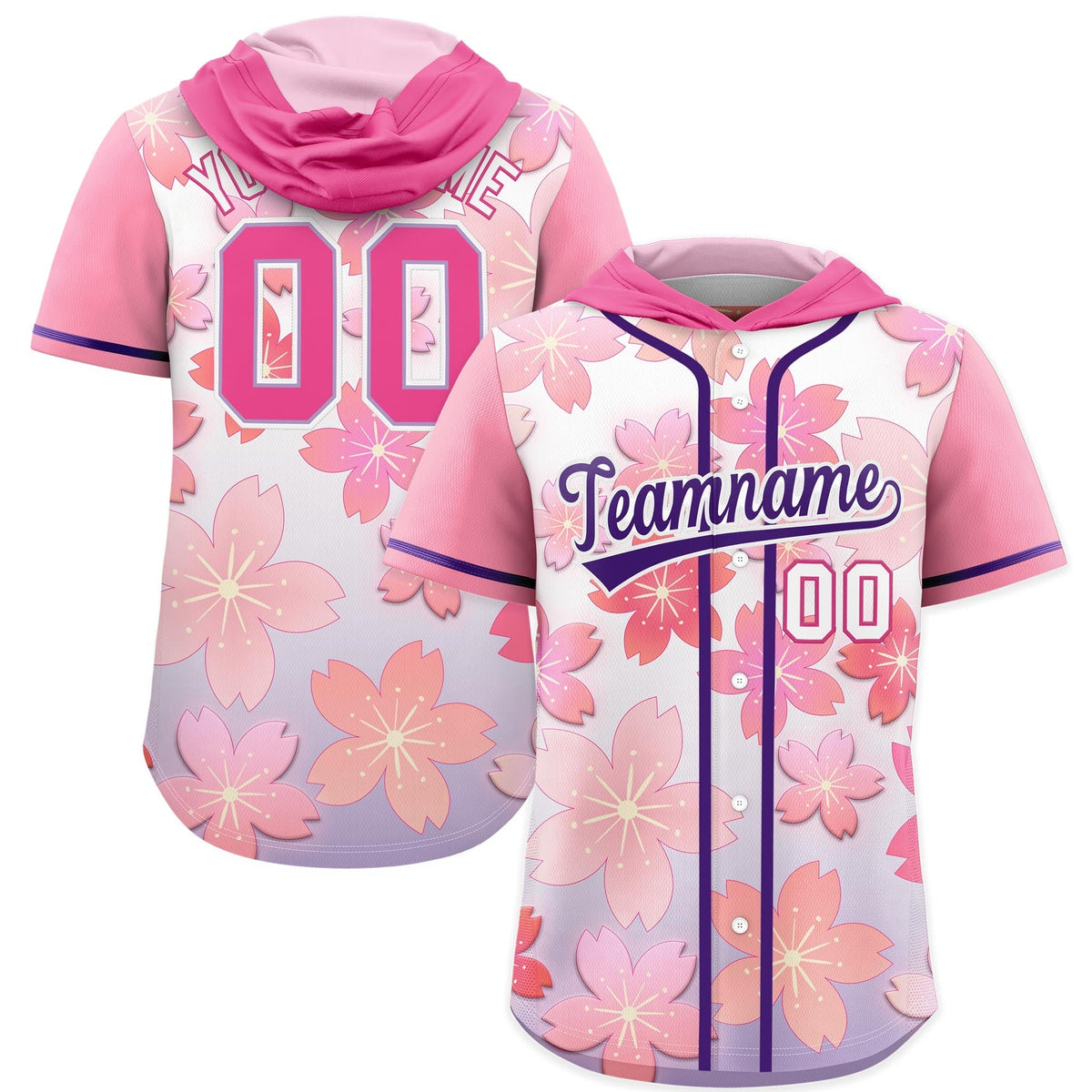 Custom Hooded Baseball Jersey | Pink Purple Cherry Blossom Moisture-Wicking Jersey for Men &amp; Women