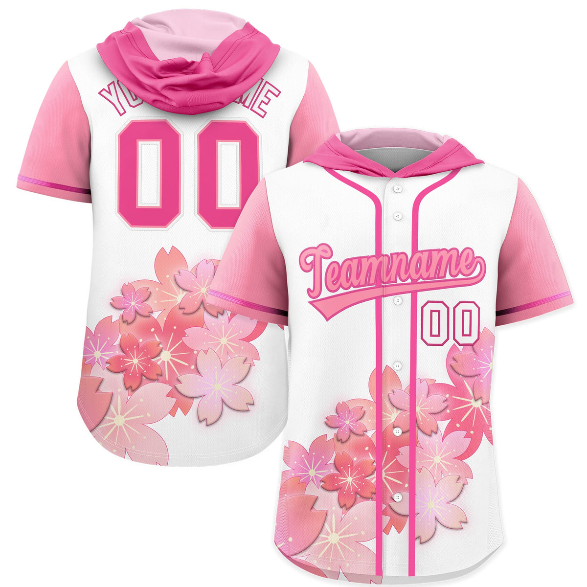 Custom Hooded Baseball Jersey | Pink Light Pink Cherry Blossom Personalized Name &amp; Number Sport Jersey