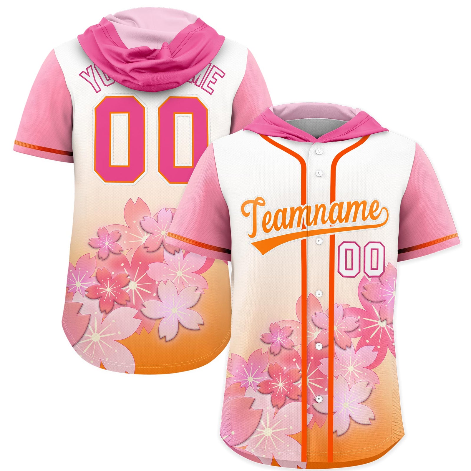 Custom Hooded Baseball Jersey | Pink Orange Cherry Blossom Moisture-Wicking Jersey for Men & Women