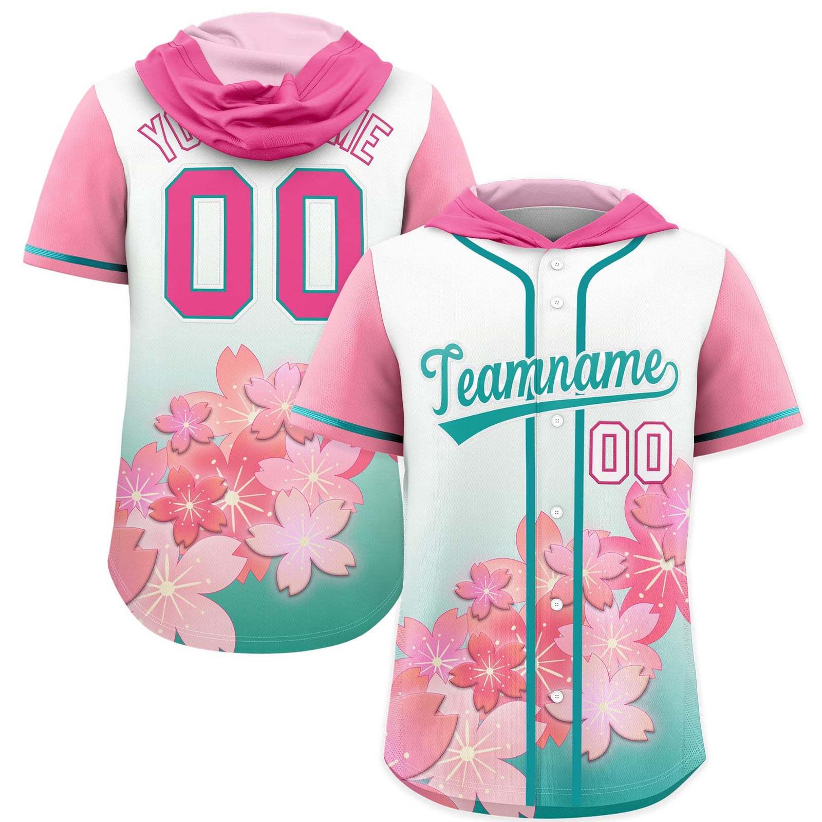 Custom Hooded Baseball Jersey | Pink Aqua Cherry Blossom Moisture-Wicking Jersey for Men & Women
