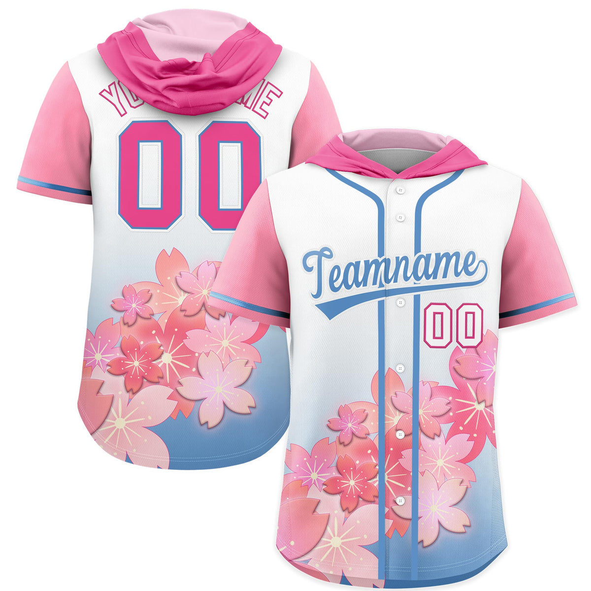 Custom Hooded Baseball Jersey | Pink Light Blue Cherry Blossom Personalized Name &amp; Number Sport Jersey