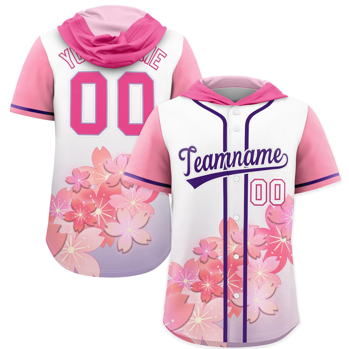 Custom Hooded Baseball Jersey | Pink Purple Cherry Blossom Breathable Athleisure Streetwear