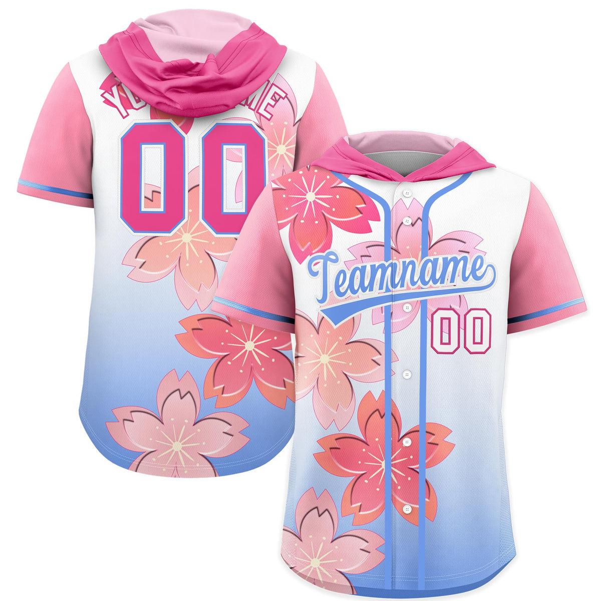 Custom Hooded Baseball Jersey | Pink Light Blue Cherry Blossom Personalized Name &amp; Number Sport Jersey