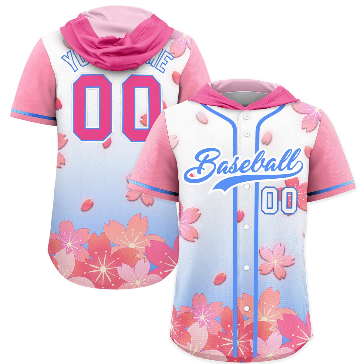 Custom Hooded Baseball Jersey | Pink Powder Blue Cherry Blossom Moisture-Wicking Jersey for Men &amp; Women