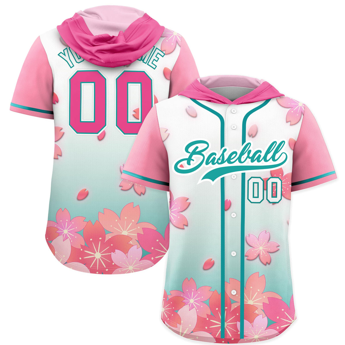 Custom Hooded Baseball Jersey | Pink Aqua Cherry Blossom Personalized Name &amp; Number Sport Jersey