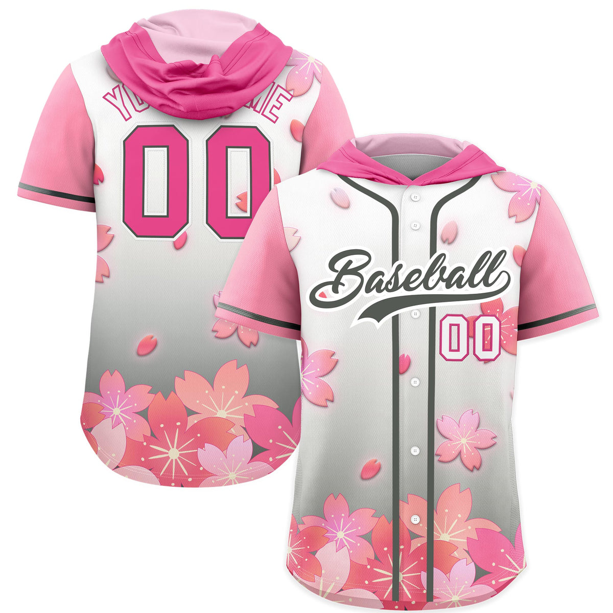 Custom Hooded Baseball Jersey | Pink Gray Cherry Blossom Moisture-Wicking Jersey for Men &amp; Women