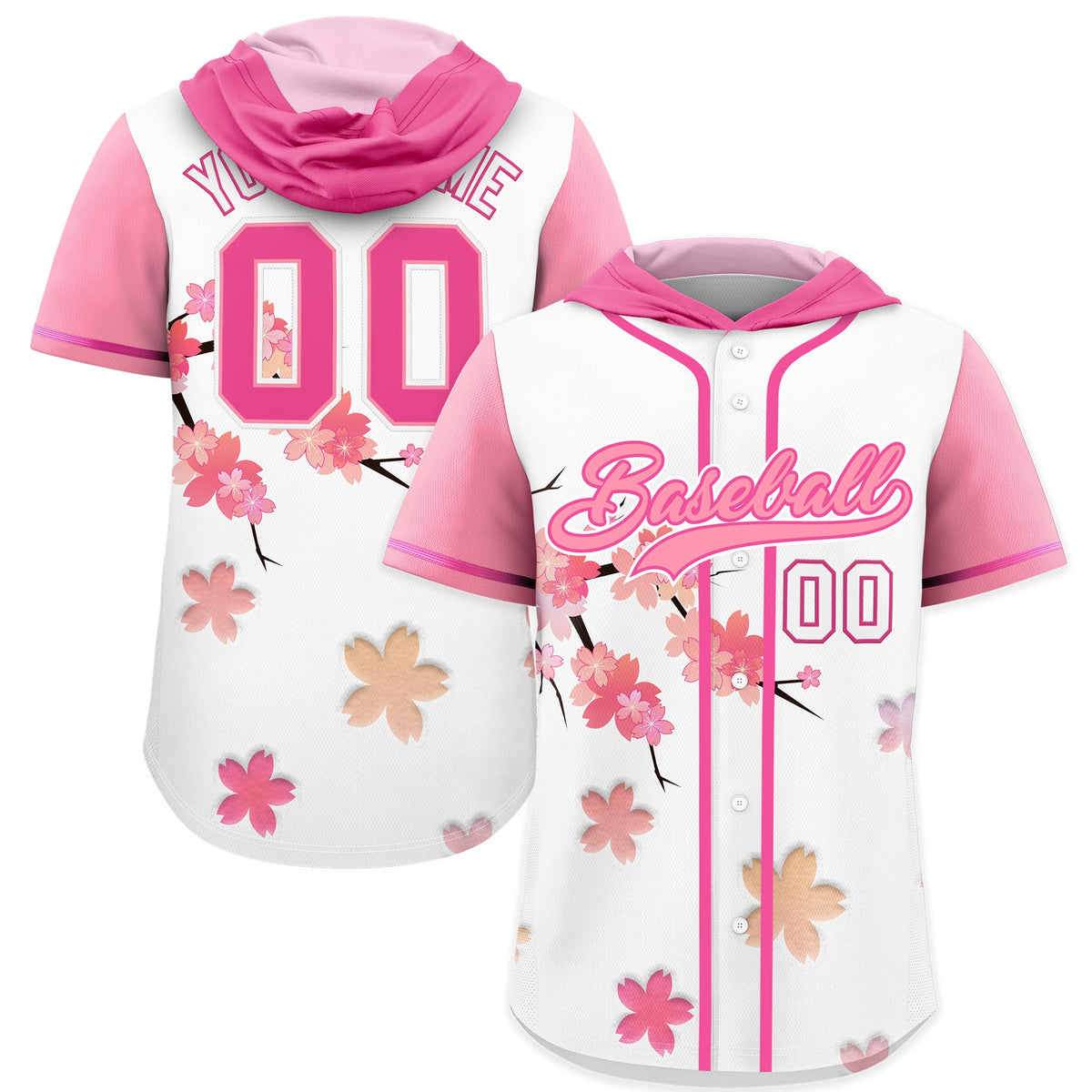 Custom Hooded Baseball Jersey | Pink Light Pink Cherry Blossom Breathable Athleisure Streetwear
