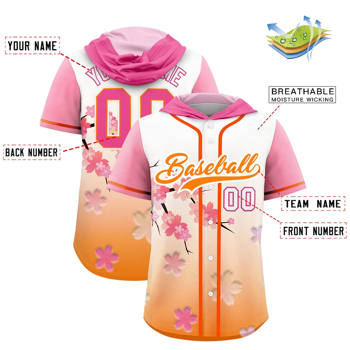 Custom Hooded Baseball Jersey | Pink Orange Cherry Blossom Personalized Name &amp; Number Sport Jersey