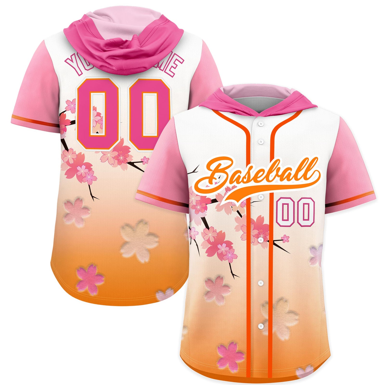 Custom Hooded Baseball Jersey | Pink Orange Cherry Blossom Personalized Name & Number Sport Jersey