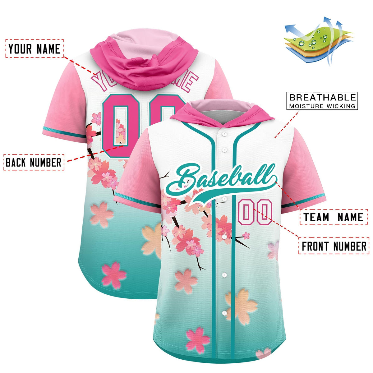 Custom Hooded Baseball Jersey | Pink Aqua Cherry Blossom Personalized Name &amp; Number Sport Jersey