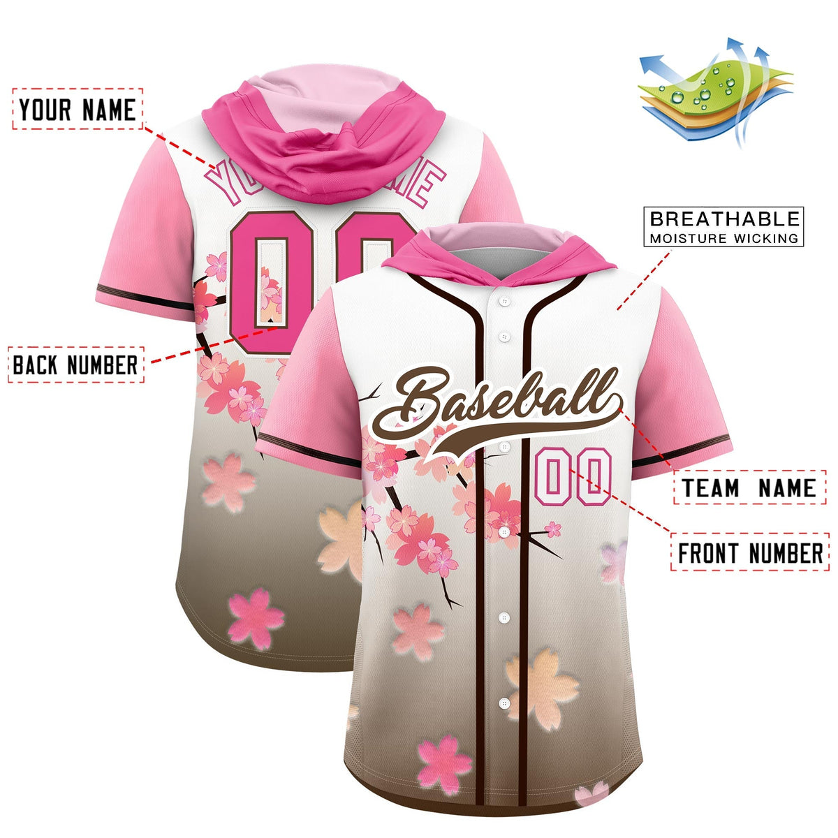 Custom Hooded Baseball Jersey | Pink Light Brown Cherry Blossom Breathable Athleisure Streetwear