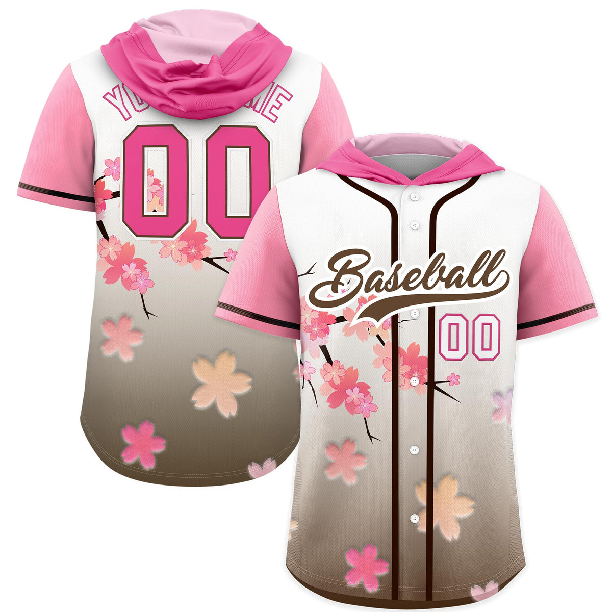 Custom Hooded Baseball Jersey | Pink Light Brown Cherry Blossom Breathable Athleisure Streetwear