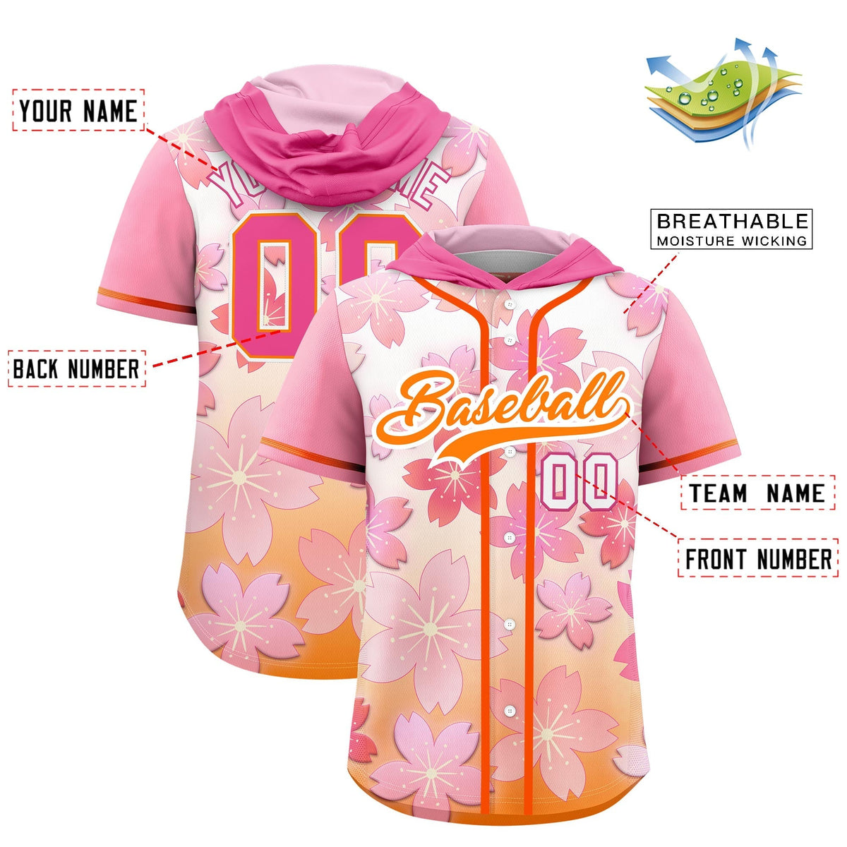 Custom Hooded Baseball Jersey | Pink Orange Cherry Blossom Moisture-Wicking Jersey for Men &amp; Women