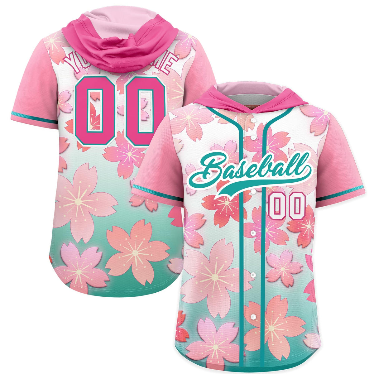 Custom Hooded Baseball Jersey | Pink Aqua Cherry Blossom Moisture-Wicking Jersey for Men &amp; Women