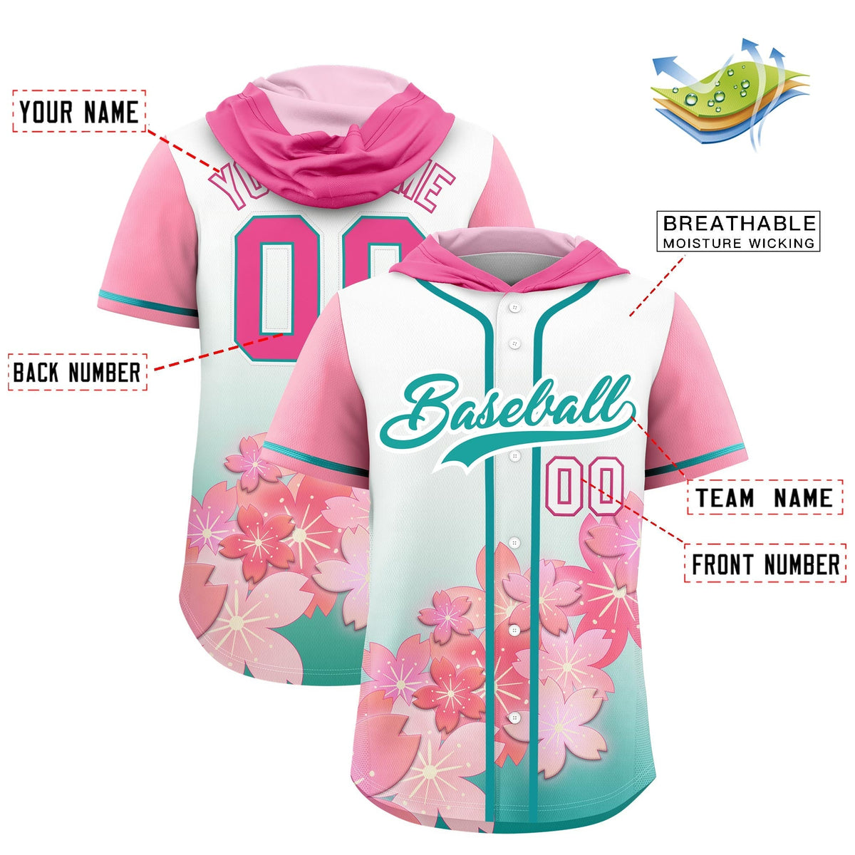 Custom Hooded Baseball Jersey | Pink Aqua Cherry Blossom Moisture-Wicking Jersey for Men &amp; Women
