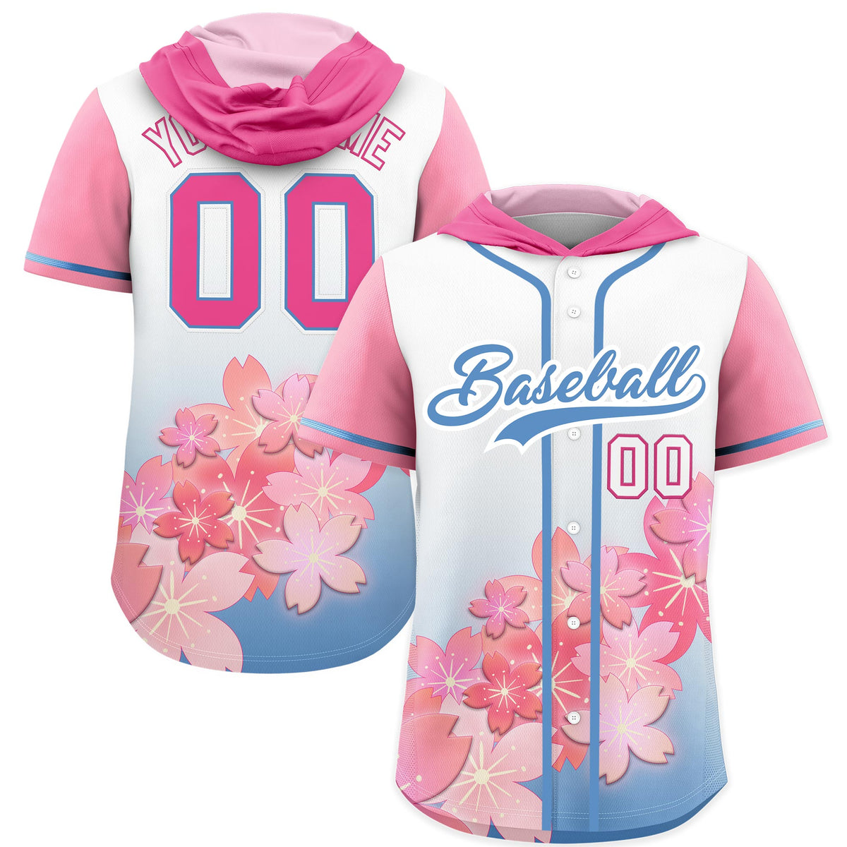 Custom Hooded Baseball Jersey | Pink Light Blue Cherry Blossom Personalized Name &amp; Number Sport Jersey