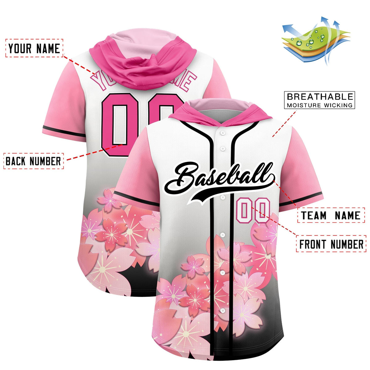 Custom Hooded Baseball Jersey | Pink Black Cherry Blossom Moisture-Wicking Jersey for Men &amp; Women