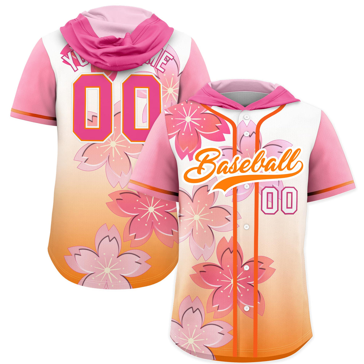 Custom Hooded Baseball Jersey | Pink Orange Cherry Blossom Moisture-Wicking Jersey for Men &amp; Women