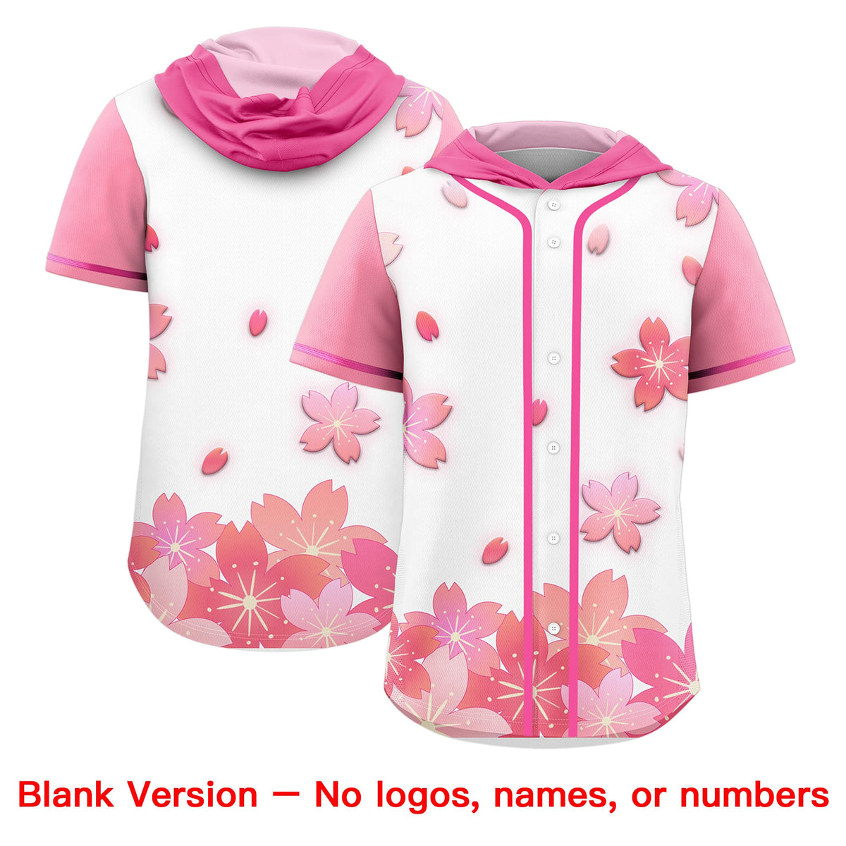 Custom Hooded Baseball Jersey | White Pink Cherry Blossom Personalized Name &amp; Number Sport Jersey