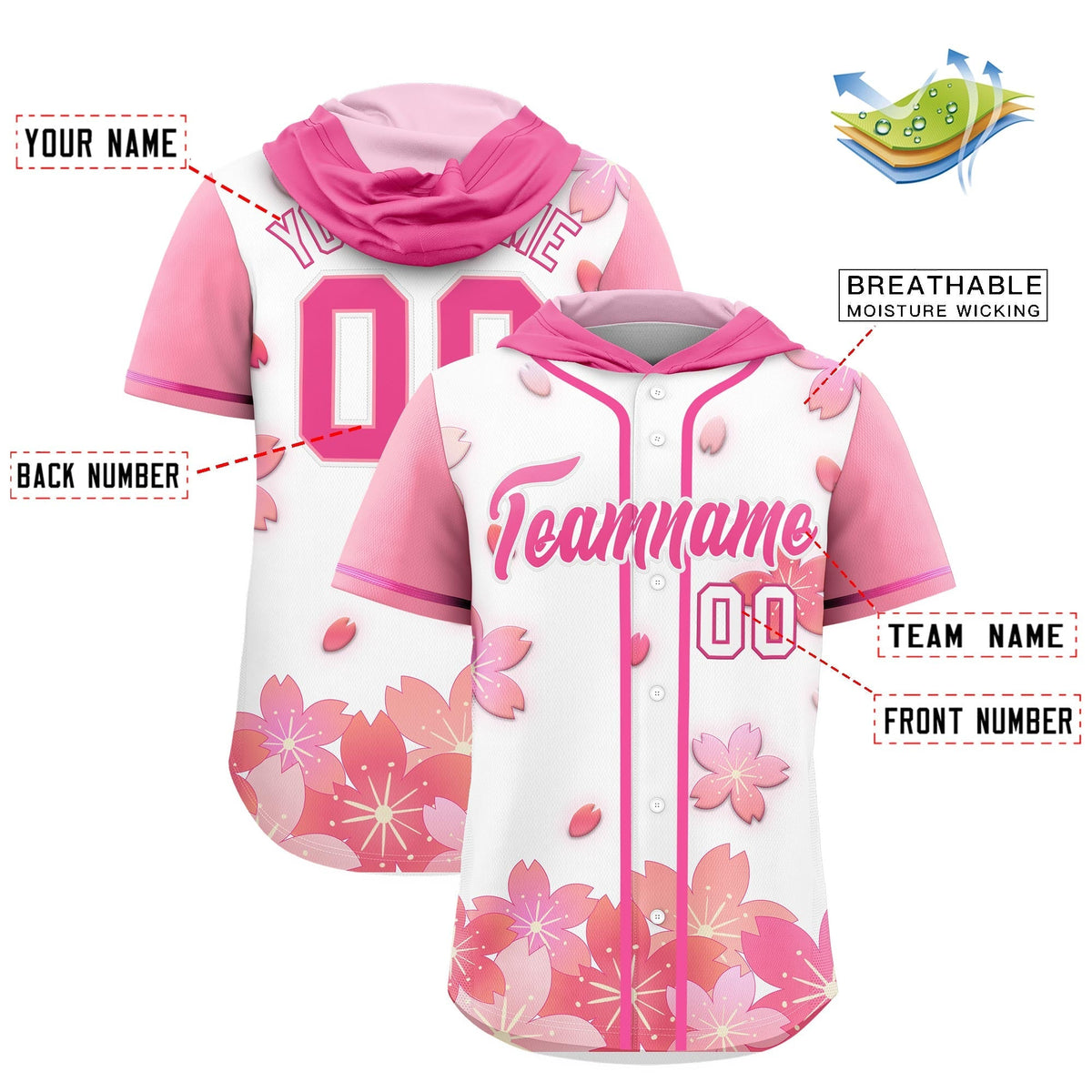 Custom Hooded Baseball Jersey | White Pink Cherry Blossom Personalized Name &amp; Number Sport Jersey