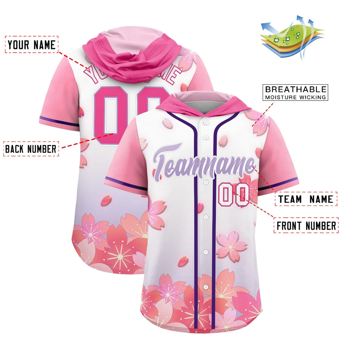 Custom Hooded Baseball Jersey | Pink Light Purple Cherry Blossom Personalized Name &amp; Number Sport Jersey