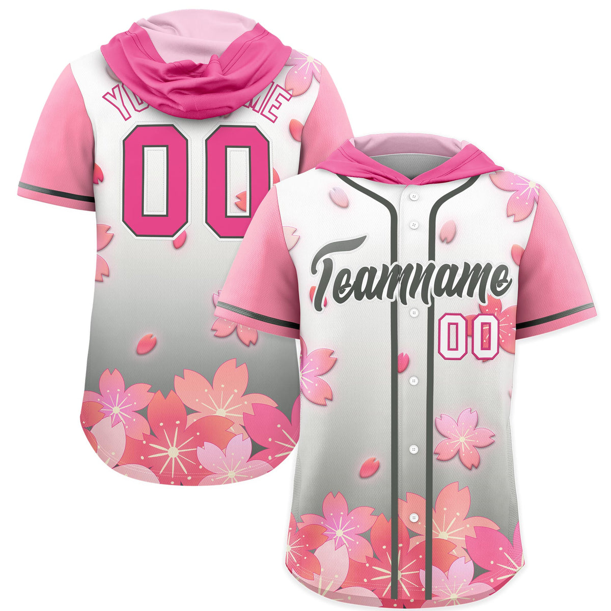 Custom Hooded Baseball Jersey | Pink Gray Cherry Blossom Moisture-Wicking Jersey for Men &amp; Women