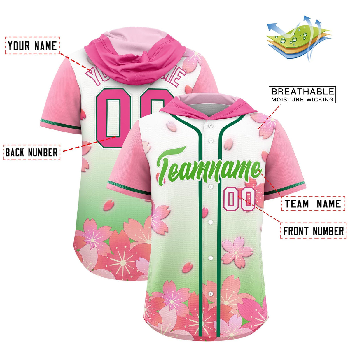 Custom Hooded Baseball Jersey | Pink Light Green Cherry Blossom Personalized Name &amp; Number Sport Jersey