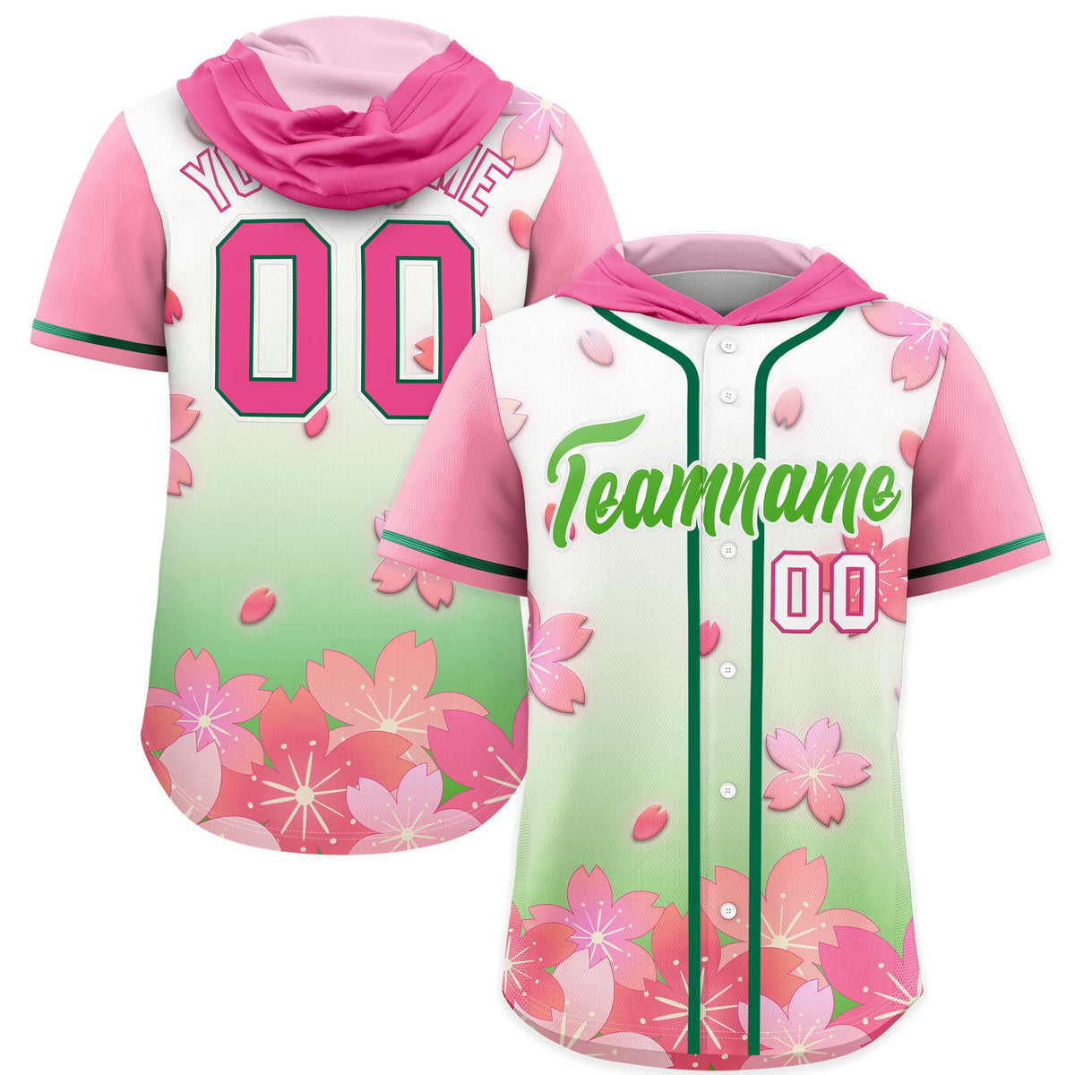 Custom Hooded Baseball Jersey | Pink Light Green Cherry Blossom Personalized Name &amp; Number Sport Jersey
