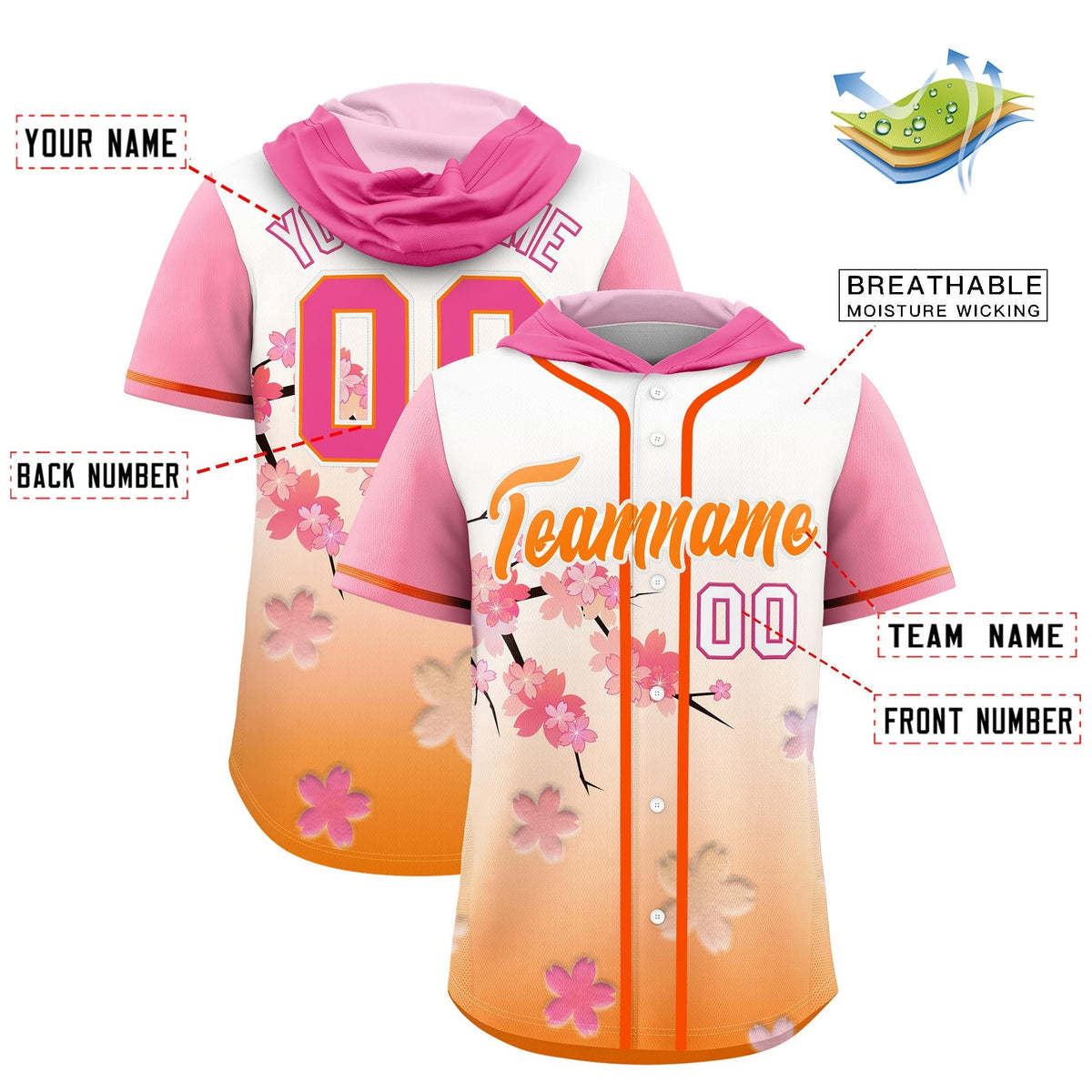Custom Hooded Baseball Jersey | Pink Orange Cherry Blossom Personalized Name &amp; Number Sport Jersey