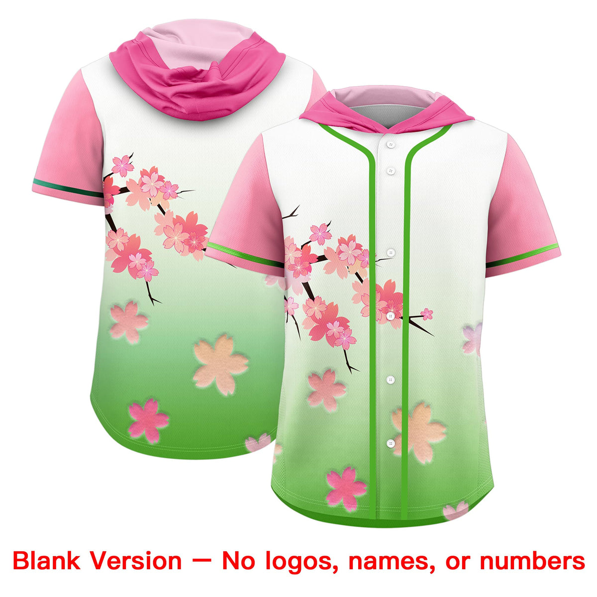 Custom Hooded Baseball Jersey | Pink Light Green Cherry Blossom Moisture-Wicking Jersey for Men &amp; Women
