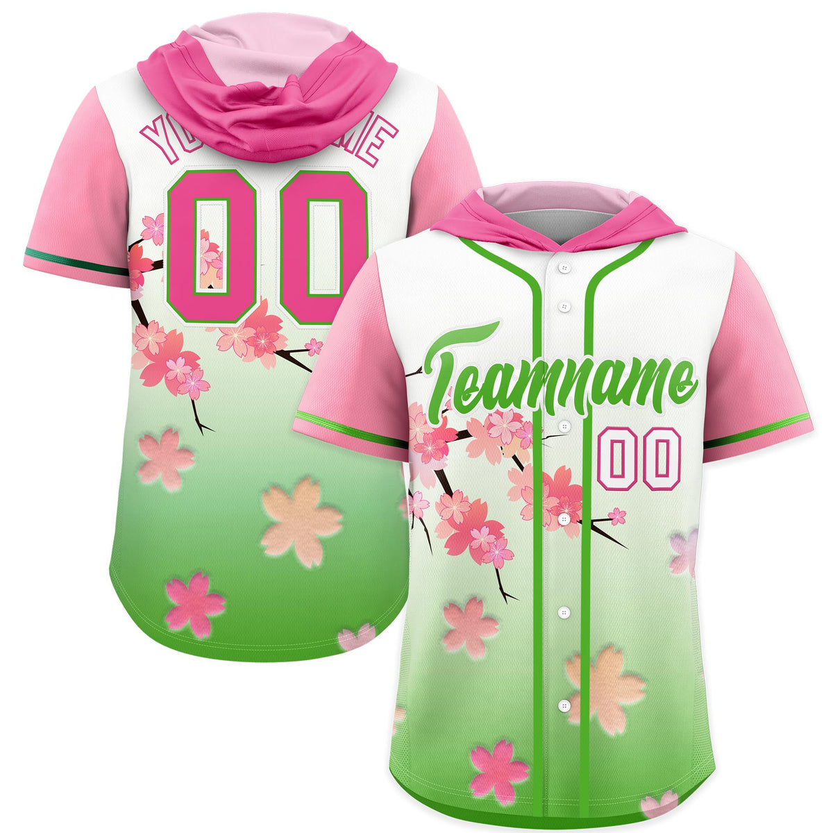 Custom Hooded Baseball Jersey | Pink Light Green Cherry Blossom Moisture-Wicking Jersey for Men &amp; Women