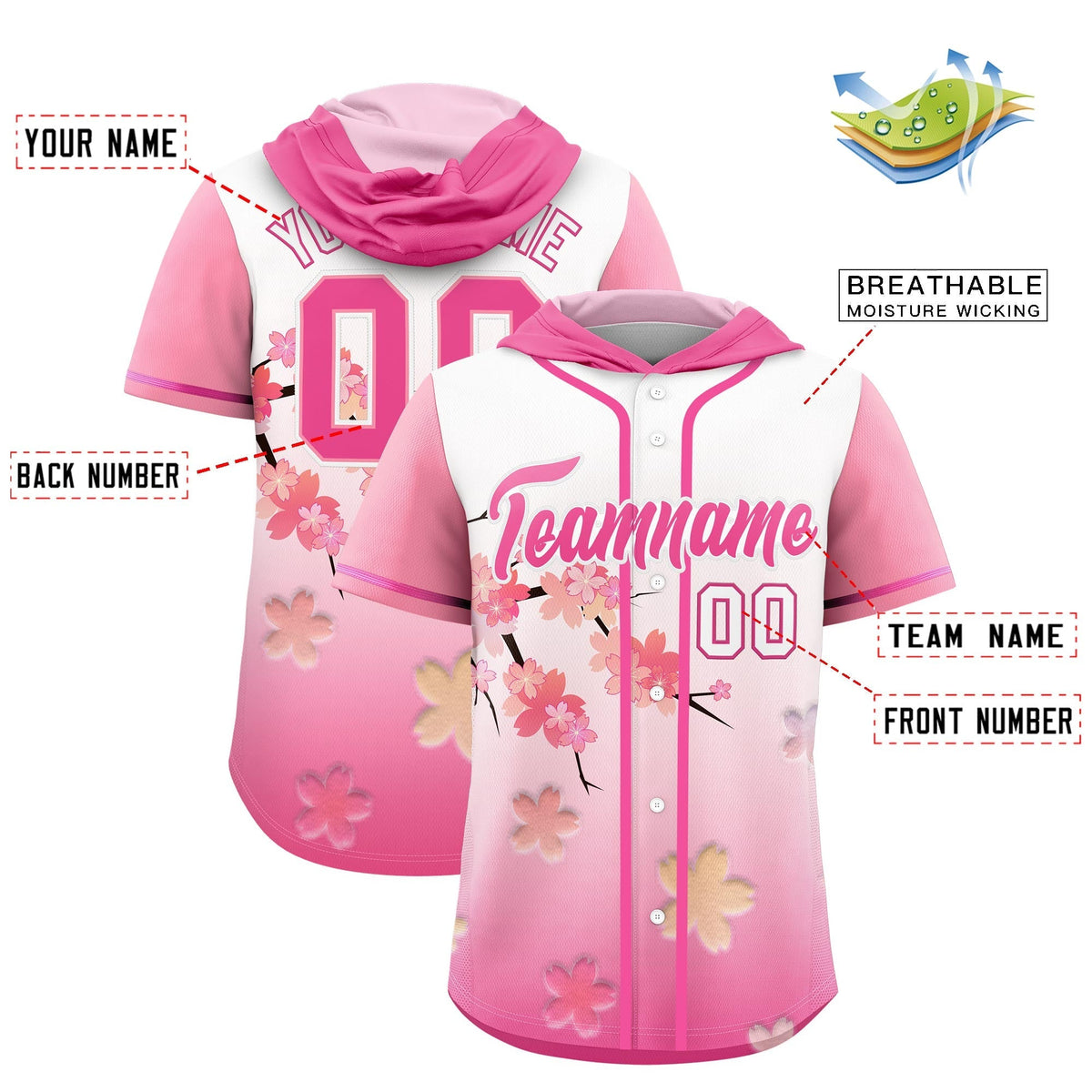 Custom Hooded Baseball Jersey | Pink White Cherry Blossom Personalized Name &amp; Number Sport Jersey