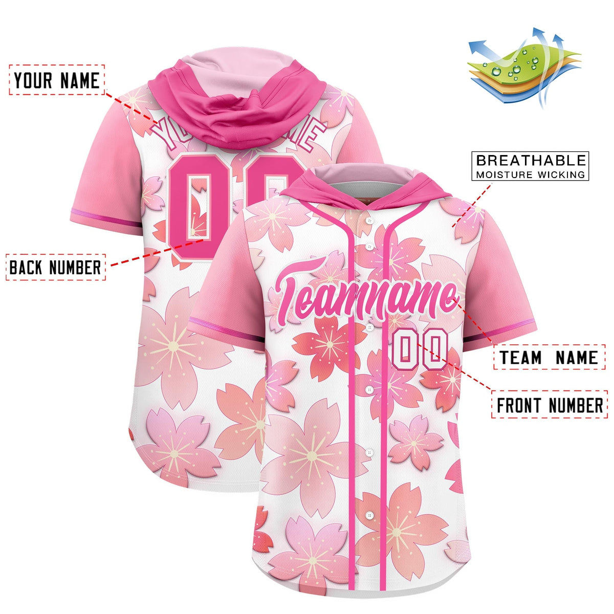 Custom Hooded Baseball Jersey | Pink White Cherry Blossom Moisture-Wicking Jersey for Men &amp; Women