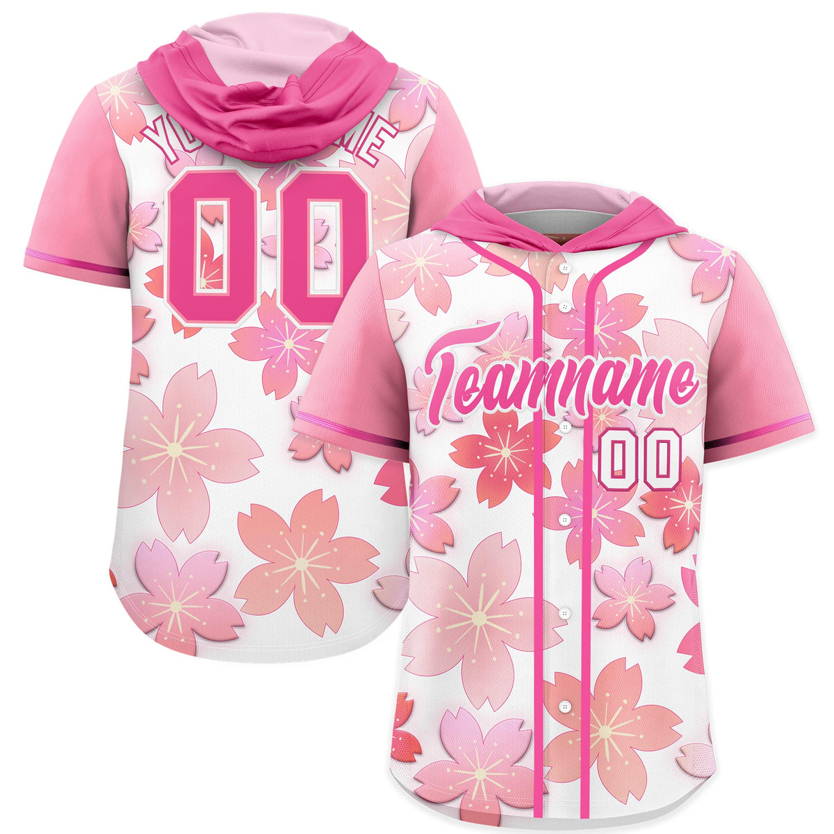 Custom Hooded Baseball Jersey | Pink White Cherry Blossom Moisture-Wicking Jersey for Men &amp; Women