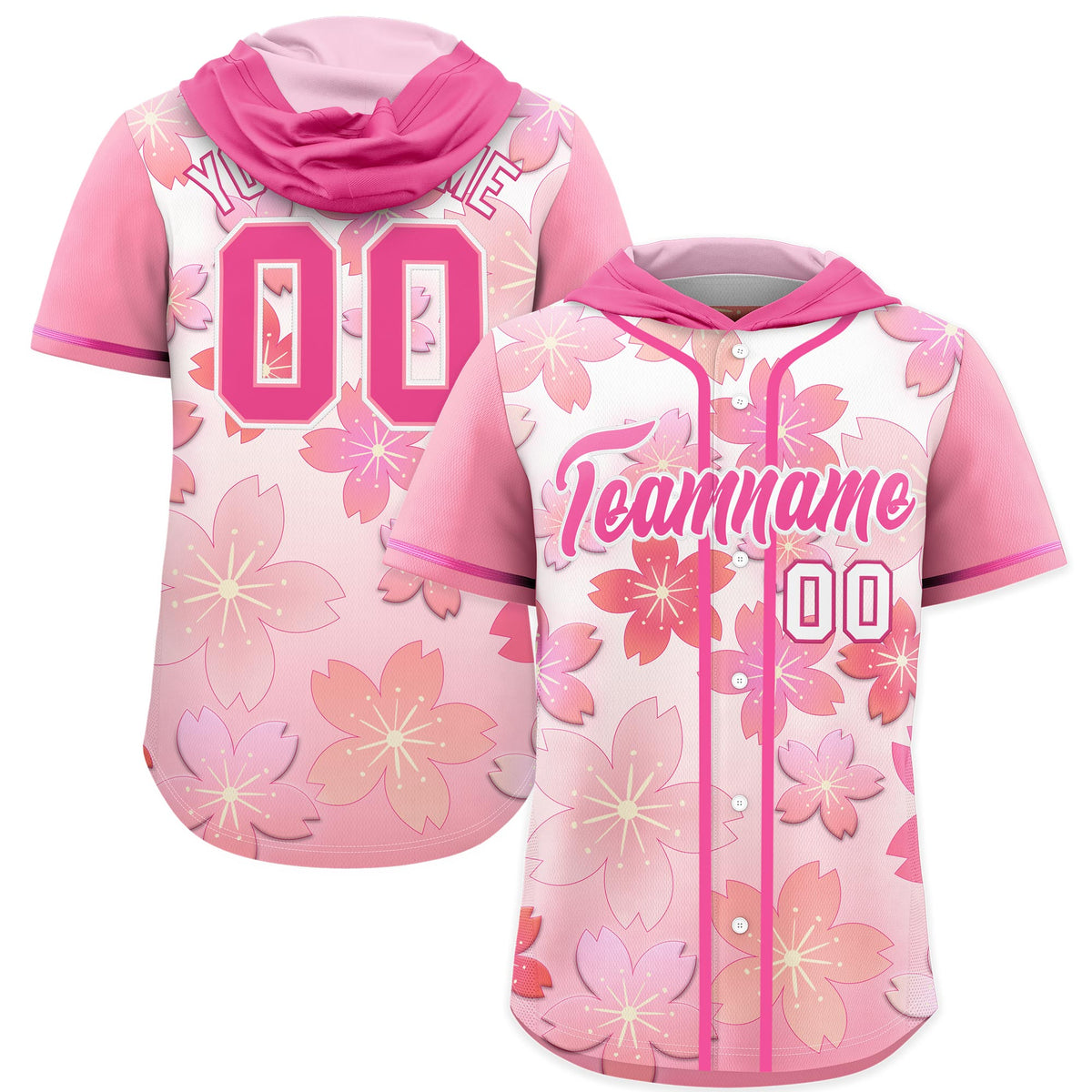 Custom Hooded Baseball Jersey | Pink Pink Cherry Blossom Personalized Name &amp; Number Sport Jersey