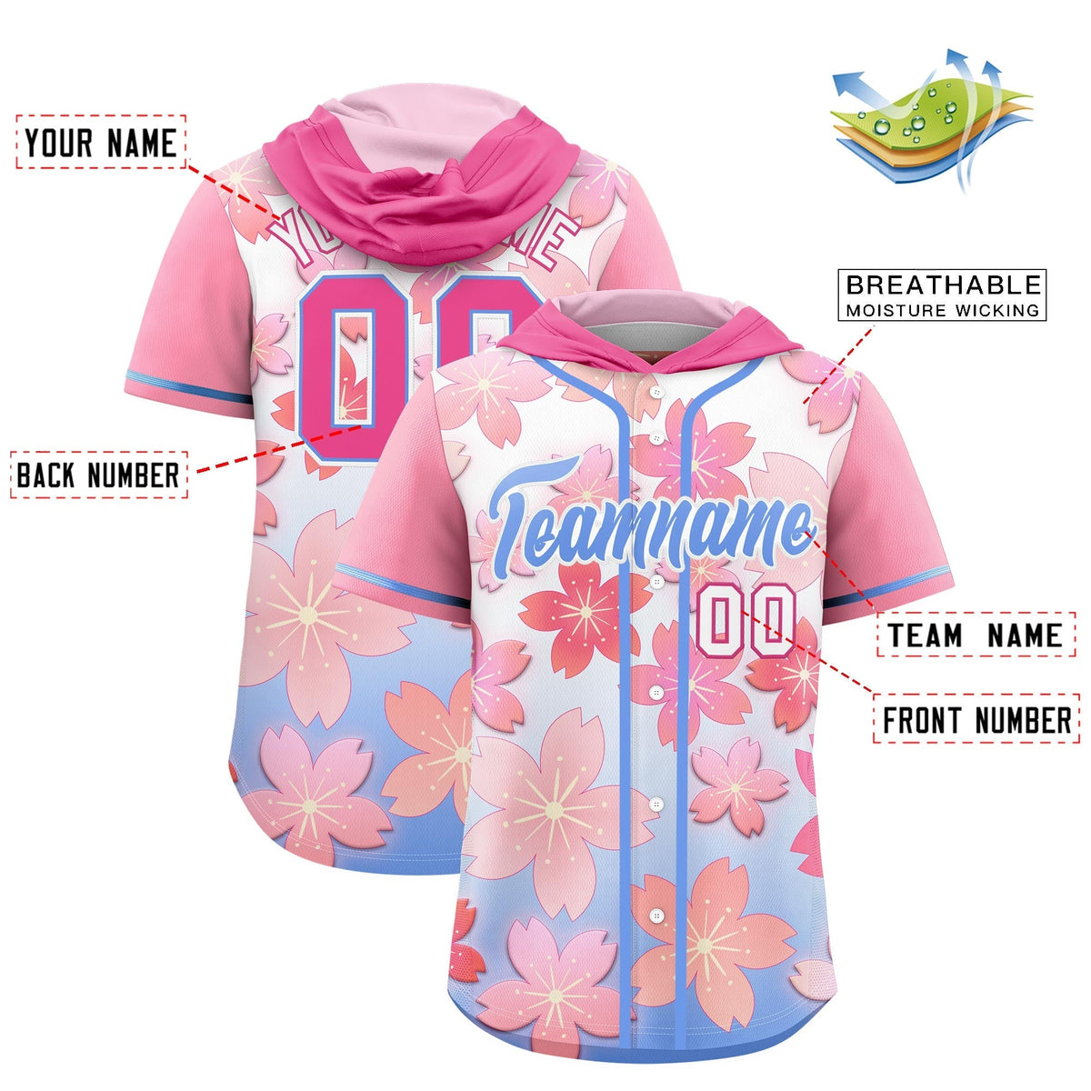Custom Hooded Baseball Jersey | Pink Light Blue Cherry Blossom Personalized Name &amp; Number Sport Jersey