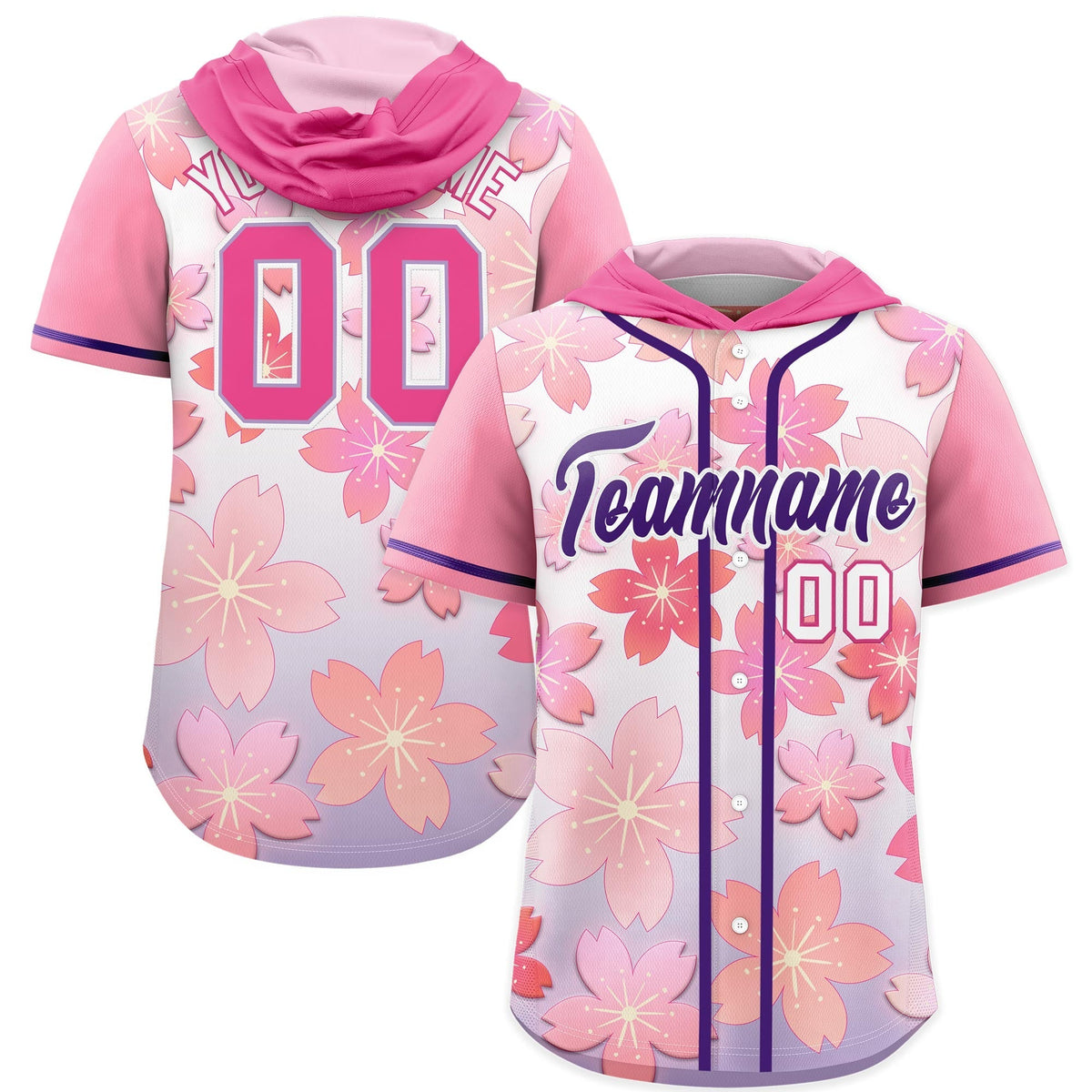 Custom Hooded Baseball Jersey | Pink Purple Cherry Blossom Moisture-Wicking Jersey for Men &amp; Women
