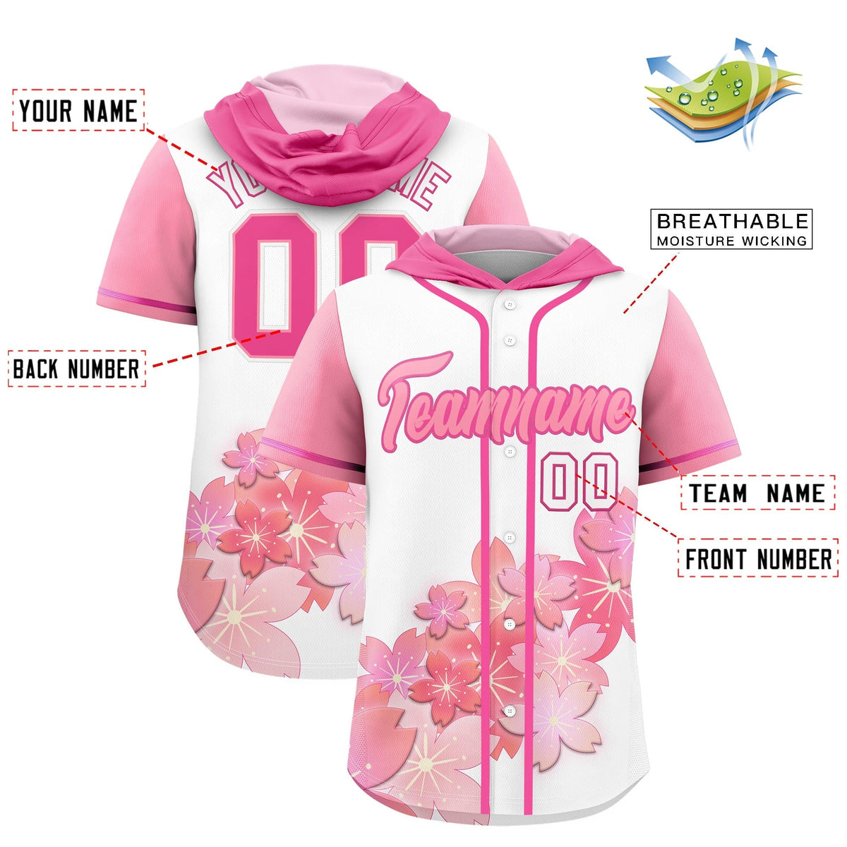 Custom Hooded Baseball Jersey | Pink Light Pink Cherry Blossom Personalized Name &amp; Number Sport Jersey