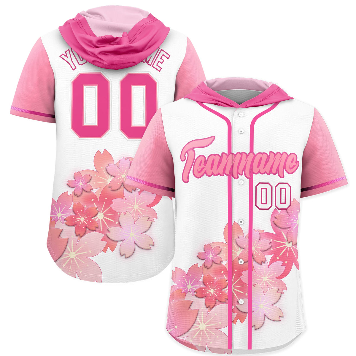 Custom Hooded Baseball Jersey | Pink Light Pink Cherry Blossom Personalized Name &amp; Number Sport Jersey